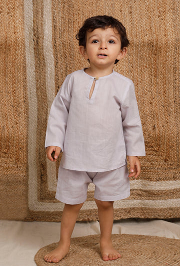 Set Of 2: Light Grey Mul Mul Short Kurta With Light Grey Short